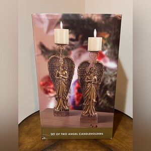 NEW IN BOX KIRKLAND’S HOME SET OF 2 ANGEL CANDLEHOLDERS 18” ANIQUE GOLD FINISHED